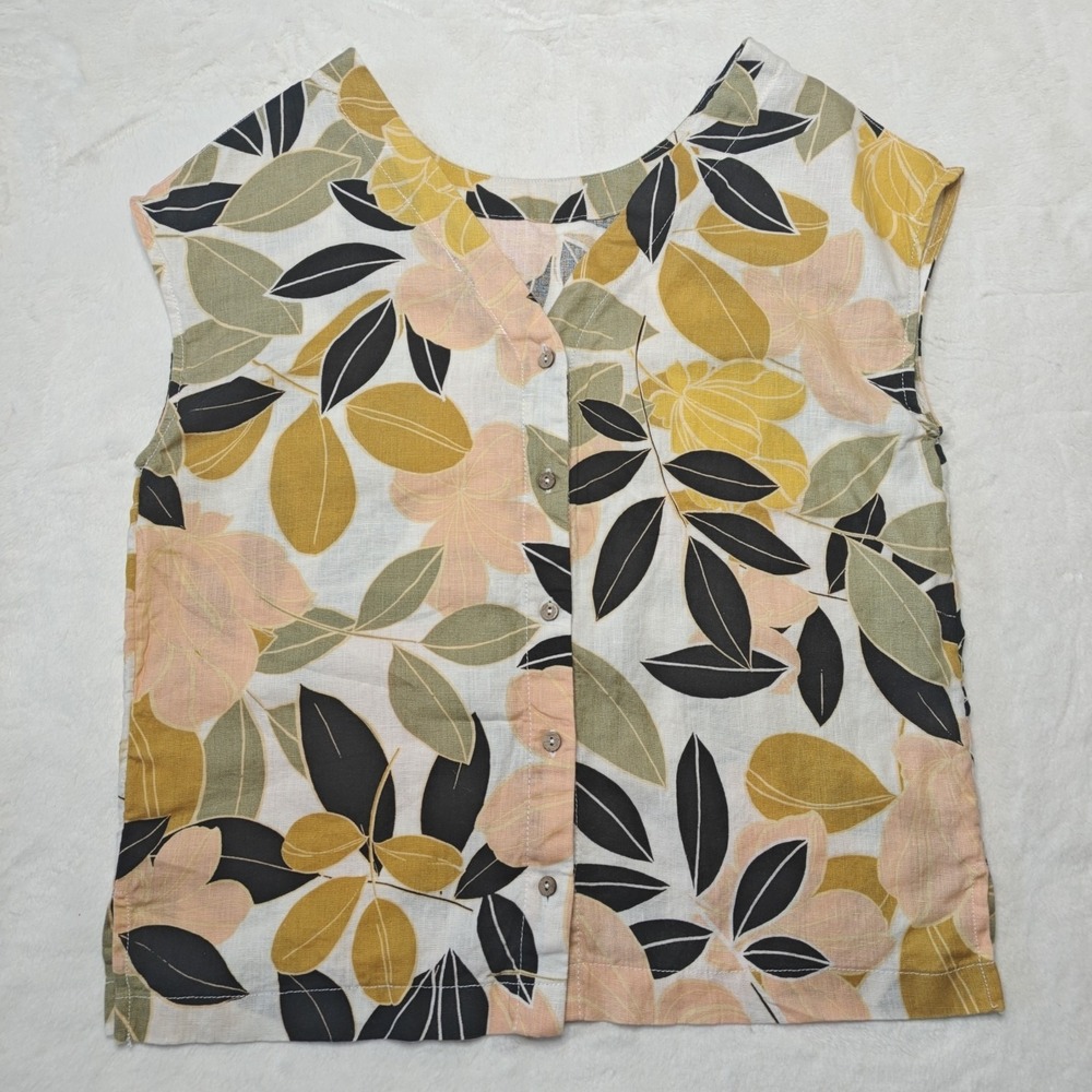 Rachel Zoe XS 100% Linen Yellow Tank‎ Vest Boxy Blouse Top Floral Button Back